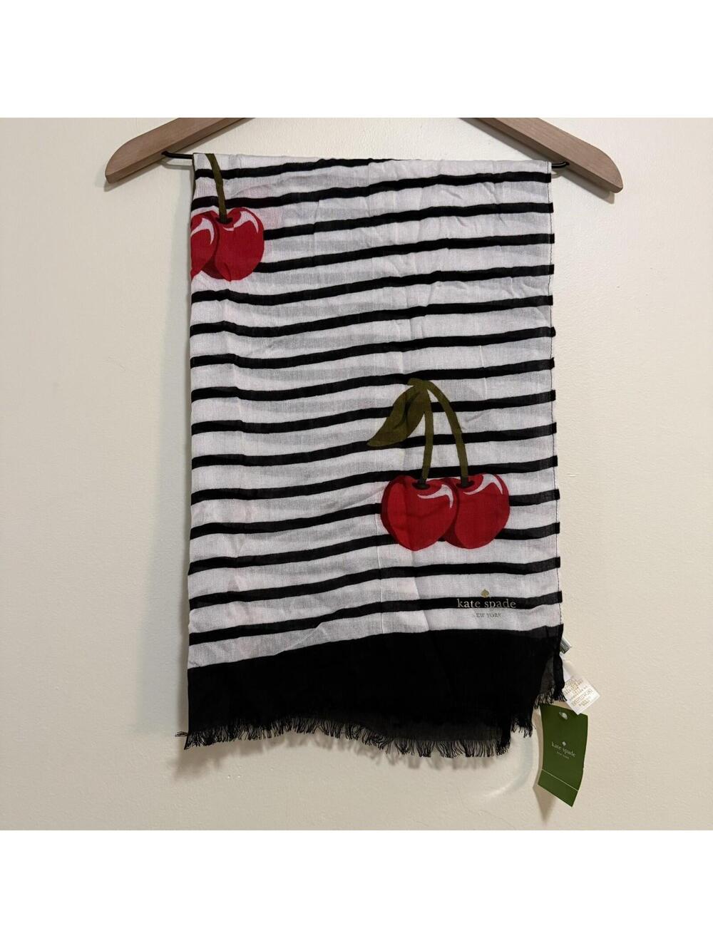 🍒NWT Designer Kate Spade CHERRY Black-White Stripped Scarf- VISCOSE- Retail $98